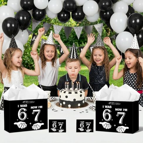 Innovoscape Funny 6 7 Birthday Decorations Six Seven Meme Favor Bag with Tissue Paper Card Black I was 6 Now I'm 7 Gift Bag for Boys Kids Funny 7 year old boy Birthday Party Supplies in Kuwait