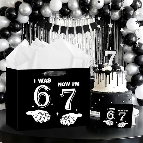 Innovoscape Funny 6 7 Birthday Decorations Six Seven Meme Favor Bag with Tissue Paper Card Black I was 6 Now I'm 7 Gift Bag for Boys Kids Funny 7 year old boy Birthday Party Supplies in Kuwait