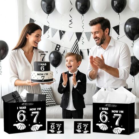 Innovoscape Funny 6 7 Birthday Decorations Six Seven Meme Favor Bag with Tissue Paper Card Black I was 6 Now I'm 7 Gift Bag for Boys Kids Funny 7 year old boy Birthday Party Supplies in Kuwait