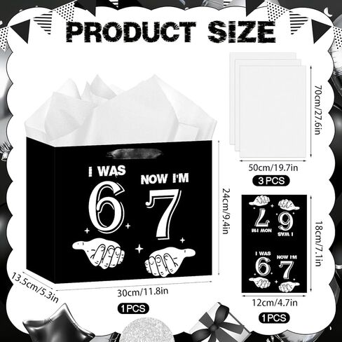 Innovoscape Funny 6 7 Birthday Decorations Six Seven Meme Favor Bag with Tissue Paper Card Black I was 6 Now I'm 7 Gift Bag for Boys Kids Funny 7 year old boy Birthday Party Supplies in Kuwait