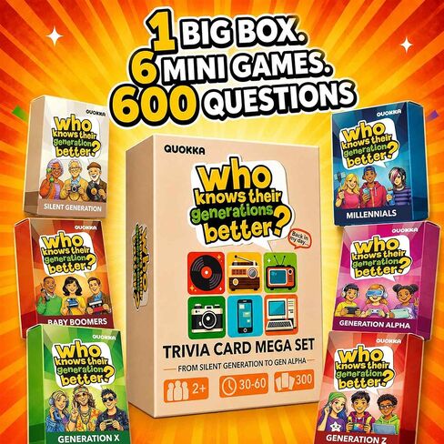 QUOKKA Generation Trivia Game – Generations Challenge Card Set with 600 Questions for Ages 10+ – Ok Boomer Travel Game for Family Night, Parties – Trivia Cards for Adults, Teens and Kids in Saudi Arabia