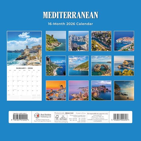 Red Robin 2026 Mediterranean Monthly Wall Calendar | 12" x 24" Open | Premium Thick & Sturdy Paper | Hangable 12 Month Calendar | Lined Notes & To Do Area | Vivid Images | Plastic Free in Kuwait