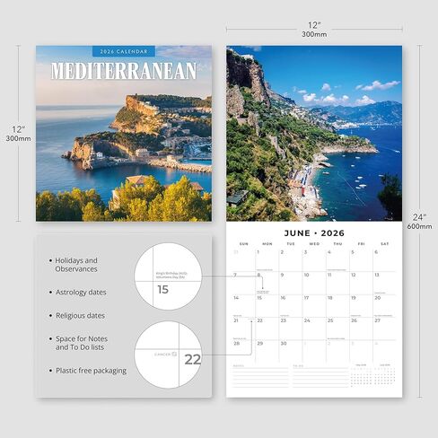 Red Robin 2026 Mediterranean Monthly Wall Calendar | 12" x 24" Open | Premium Thick & Sturdy Paper | Hangable 12 Month Calendar | Lined Notes & To Do Area | Vivid Images | Plastic Free in Kuwait