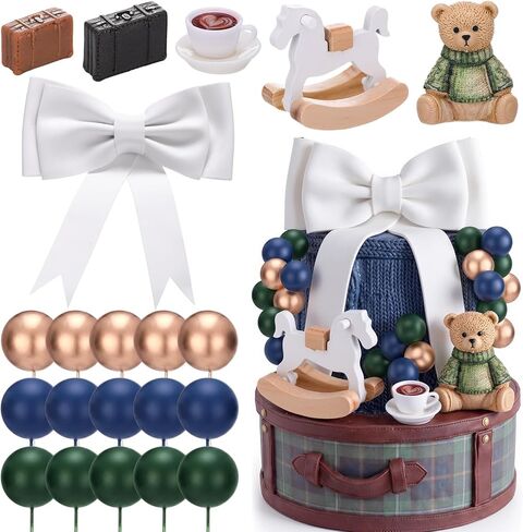 Novabright 22 Pcs Luxury Equestrian Bear Cake Topper Decoration Vintage Green and Blue Baby Shower Cake Decor for Baby Girl Shower Birthday Gender Reveal Party Supplies in Saudi Arabia
