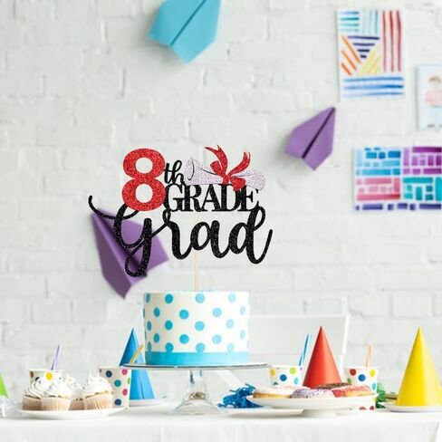 غلاف كعكة التخرج باللون الأسود اللامع من الدرجة الثامنة، طبقة علوية من الكيك من الدرجة الثامنة مباشرة - زينة كعكة التخرج 2026، مستلزمات تزيين حفلات التخرج للأولاد والبنات من الدرجة الثامنة (أسود وأحمر) in Kuwait