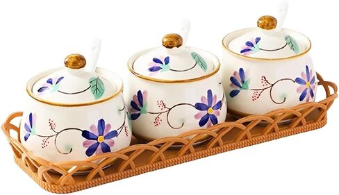 Ceramic Salt Sugar Bowls Set, Set of 3 Condiment Pots Seasoning Jar Spice Container with Lid Spoon and Tray for Home Kitchen Counter, Dishwasher Safe (Purple) in Saudi Arabia