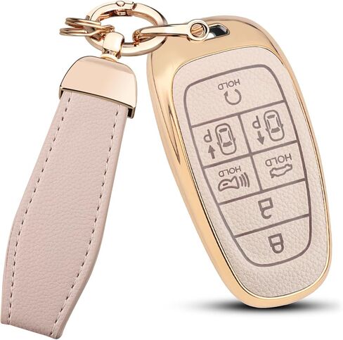 QBUC for Hyundai Key Fob Cover with Key Chain, Upper Leather + Soft TPU Car Key Case for Hyundai 2024 2023 2022 2021 Sonata Santa fe Tucson Santa Cruz (Beige, 5 Buttons) in Kuwait
