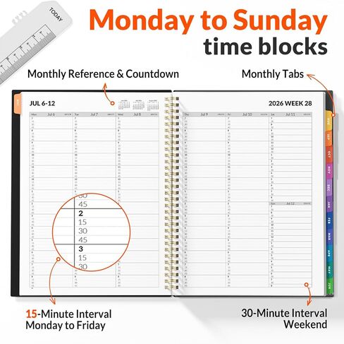SUNEE 2026-2027 Appointment Book, Quarter-Hourly, Weekly & Monthly - from July 2026 to June 2027, 8.5"x11" Academic Planner, Flexible Cover, Note Pages, Bookmark, Spiral Binding, Black in Kuwait