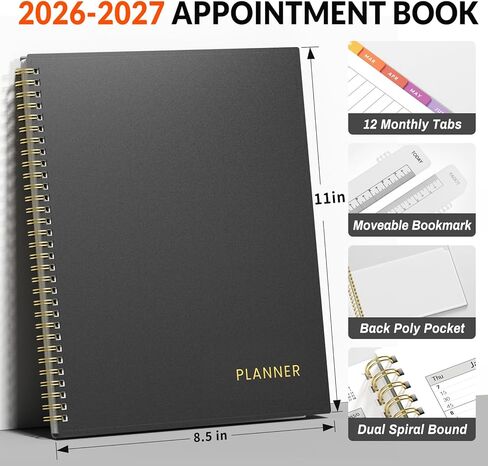 SUNEE 2026-2027 Appointment Book, Quarter-Hourly, Weekly & Monthly - from July 2026 to June 2027, 8.5"x11" Academic Planner, Flexible Cover, Note Pages, Bookmark, Spiral Binding, Black in Kuwait