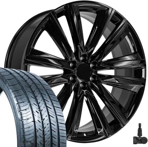 إطارات وإطارات OE Wheels CA91 مقاس 26 بوصة تناسب طراز Escalade Sport Style 6x139.7 26x10 أسود لامع - هولاندر 4869 - Force UHP 295/30-26 (مجموعة من 4) in Kuwait