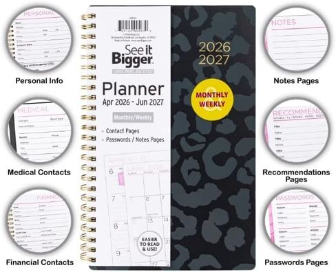 PlanAhead See It Bigger April 2024 - June 2025 Academic Monthly/Weekly Planner,8.75" x 5.5" x 0.5'' / Medium Size and 6 in 1 Multicolor Ballpoint Colorful Ink Pen. (Black) in Saudi Arabia