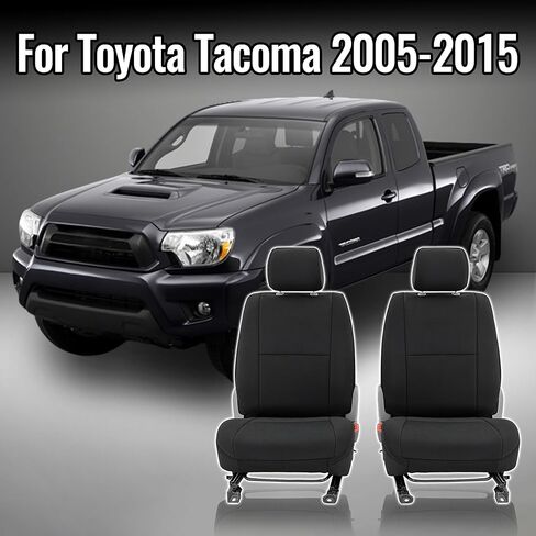أغطية مقاعد أمامية شديدة التحمل مقاومة للماء لسيارة Toyota Tacoma 2005-2015 Crew Cab مع عدم وجود مقعد للركاب قابل للطي، نسيج مركب سميك ومبطن بالإسفنج - أسود in Kuwait