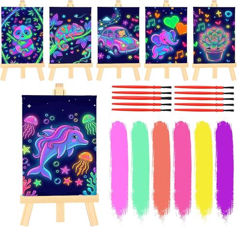Tosstuki 24 Set Glow in the Dark Party Supplies Glow in Dark Paint Kit 3.9" x 5.9" Canvas for Painting with Wooden Easel Paint Brush Kit for DIY Crafts Rainbow Light up Birthday Luminous Party Favors in Saudi Arabia