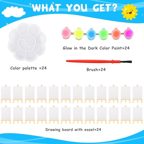 Tosstuki 24 Set Glow in the Dark Party Supplies Glow in Dark Paint Kit 3.9" x 5.9" Canvas for Painting with Wooden Easel Paint Brush Kit for DIY Crafts Rainbow Light up Birthday Luminous Party Favors in Saudi Arabia