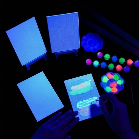 Tosstuki 24 Set Glow in the Dark Party Supplies Glow in Dark Paint Kit 3.9" x 5.9" Canvas for Painting with Wooden Easel Paint Brush Kit for DIY Crafts Rainbow Light up Birthday Luminous Party Favors in Saudi Arabia