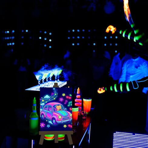 Tosstuki 24 Set Glow in the Dark Party Supplies Glow in Dark Paint Kit 3.9" x 5.9" Canvas for Painting with Wooden Easel Paint Brush Kit for DIY Crafts Rainbow Light up Birthday Luminous Party Favors in Saudi Arabia