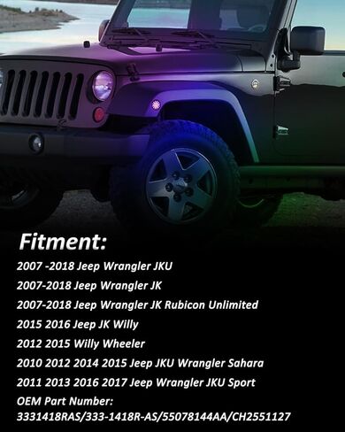 مصابيح تحديد جانبية LED من Bestview RGB متوافقة مع 2007-2018 Je-ep Wrangler JK JKU، عدسات شفافة بإضاءة 16 لونًا، عبوتان in Kuwait