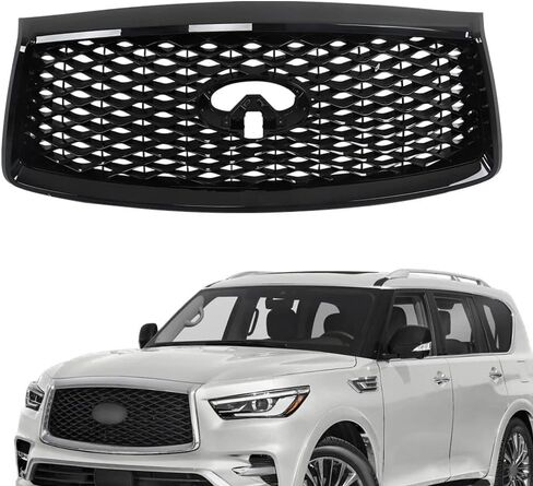 Glossy Black Front Bumper Upper Grille Compatible With Infiniti Qx80 2018-2021 Limited Luxe Premium W/camera, Black Honeycomb Hood Grill Replacement 62310-6GW0A 623106GW0A in Saudi Arabia