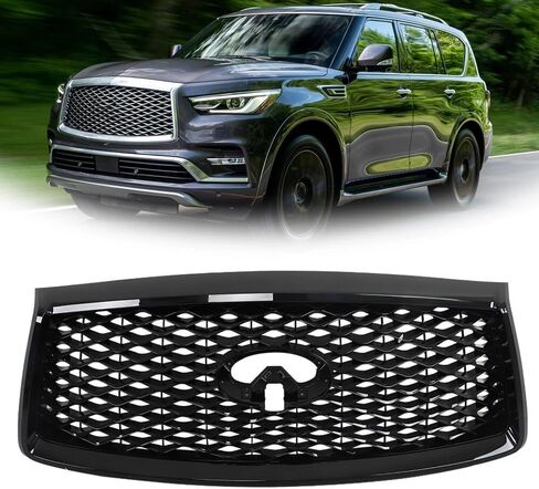 Glossy Black Front Bumper Upper Grille Compatible With Infiniti Qx80 2018-2021 Limited Luxe Premium W/camera, Black Honeycomb Hood Grill Replacement 62310-6GW0A 623106GW0A in Saudi Arabia