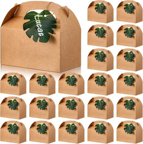 Honoson 48 Set Safari Jungle Gift Bags Bulk Tropical Gift Boxes Luau Bags with Palm Leaves Brown Kraft Goodie Gable Bachelorette Boxes Bridesmaid Party Favors for Baby Shower Favors Wedding in Kuwait