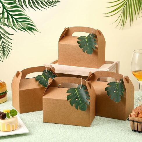 Honoson 48 Set Safari Jungle Gift Bags Bulk Tropical Gift Boxes Luau Bags with Palm Leaves Brown Kraft Goodie Gable Bachelorette Boxes Bridesmaid Party Favors for Baby Shower Favors Wedding in Kuwait