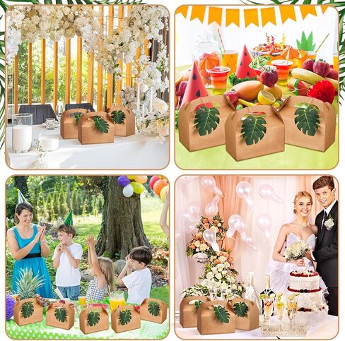 Honoson 48 Set Safari Jungle Gift Bags Bulk Tropical Gift Boxes Luau Bags with Palm Leaves Brown Kraft Goodie Gable Bachelorette Boxes Bridesmaid Party Favors for Baby Shower Favors Wedding in Kuwait