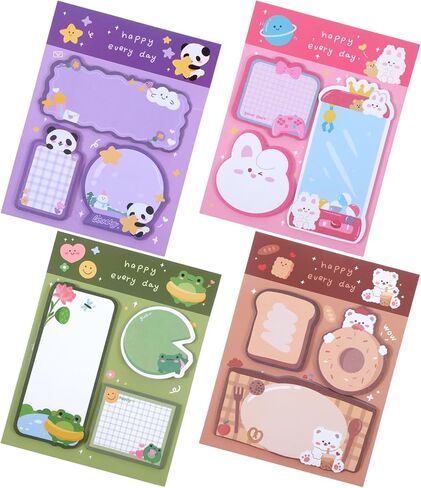 WLLHYF 4 Pack Cute Sticky Notes 240 Sheets Mini Kawaii Cartoon Animal Shape Sticky Notes Self-Stick Animal Notepad Page Markers Flags for Teachers Party Home School Office Supplies in Kuwait