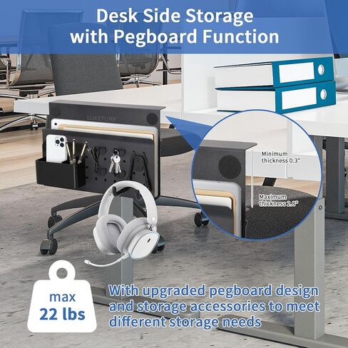 LUKETURE Desk Side Storage, No Drill Laptop Side Desk Mount, Steel Hanging Organizer, with Pegboard Accessories, Clamp on Laptop Holder for Office and Home, Fits Flat Edge Tables 0.3" to 2.8" in Saudi Arabia