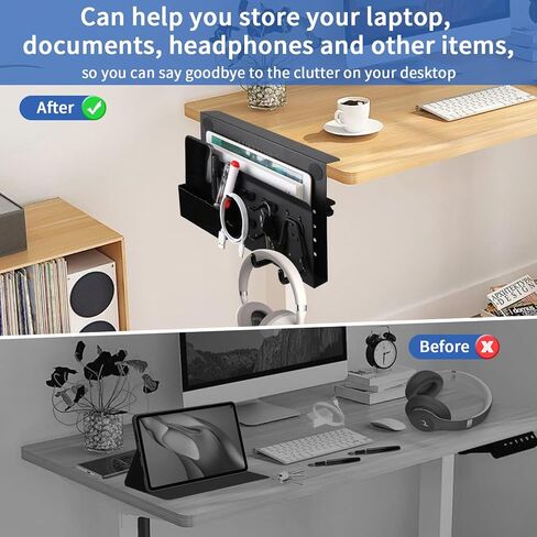 LUKETURE Desk Side Storage, No Drill Laptop Side Desk Mount, Steel Hanging Organizer, with Pegboard Accessories, Clamp on Laptop Holder for Office and Home, Fits Flat Edge Tables 0.3" to 2.8" in Saudi Arabia