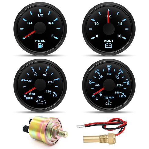 ARTILAURA 4 Gauges Set - Fuel Level Gauge, Water Temperature Gauge, Oil Pressure Gauge, Voltage 7 Color Backlight Waterproof Boat Gauges for Car AUTO Marine (Black Silver) in Saudi Arabia