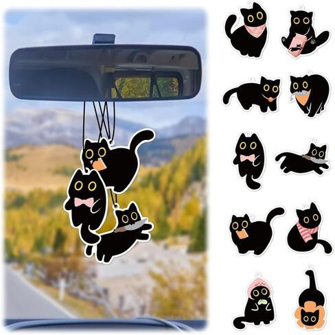 Cute Black Cat Car Air Fresheners Ornaments, 10Pcs Hanging Decoration Fresheners, Long-Lasting Scent for Car Interior, Home, Office in Saudi Arabia