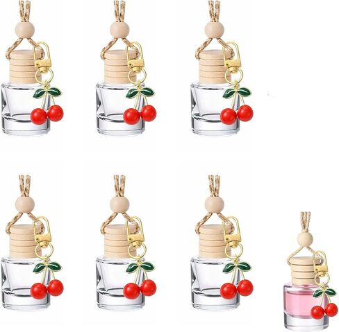 6 Pcs 8ml Hanging Car Diffuser Bottle,With Cherry Pendant, Refillable Clear Glass Aroma Diffuser With Wooden Cap & String, Long-Lasting Scent, Odor Eliminator For Car, Home & Office (Cherry Hangab) in Kuwait