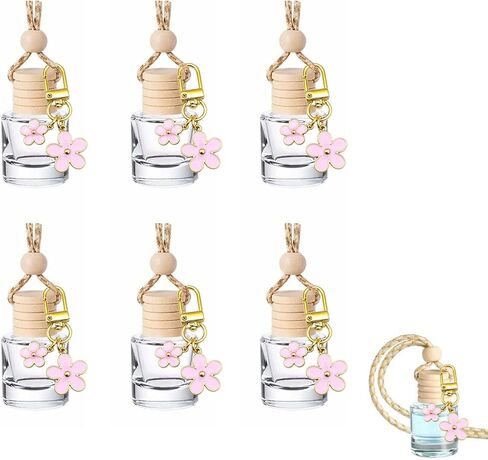 6 Pcs 8ml Hanging Car Diffuser Bottle,With Cherry Pendant, Refillable Clear Glass Aroma Diffuser With Wooden Cap & String, Long-Lasting Scent, Odor Eliminator For Car, Home & Office (Cherry Hangab) in Kuwait