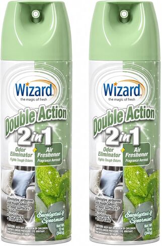 Wizard Double Action 2-in-1 Air Freshener & Odor Eliminator Spray – Pack of 2 (12 oz each) – Eucalyptus & Spearmint Scent – Long-Lasting Home & Room Deodorizer in Kuwait