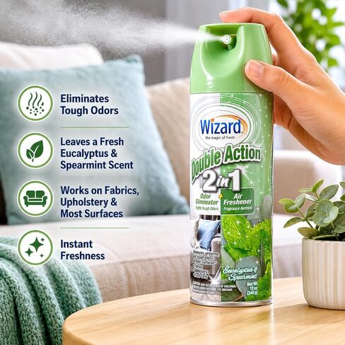 Wizard Double Action 2-in-1 Air Freshener & Odor Eliminator Spray – Pack of 2 (12 oz each) – Eucalyptus & Spearmint Scent – Long-Lasting Home & Room Deodorizer in Kuwait