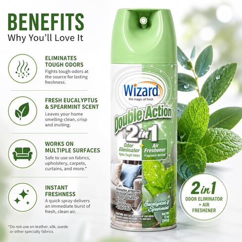 Wizard Double Action 2-in-1 Air Freshener & Odor Eliminator Spray – Pack of 2 (12 oz each) – Eucalyptus & Spearmint Scent – Long-Lasting Home & Room Deodorizer in Kuwait