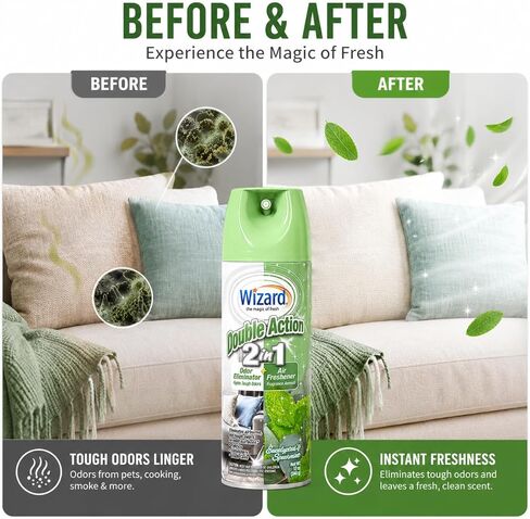 Wizard Double Action 2-in-1 Air Freshener & Odor Eliminator Spray – Pack of 2 (12 oz each) – Eucalyptus & Spearmint Scent – Long-Lasting Home & Room Deodorizer in Kuwait