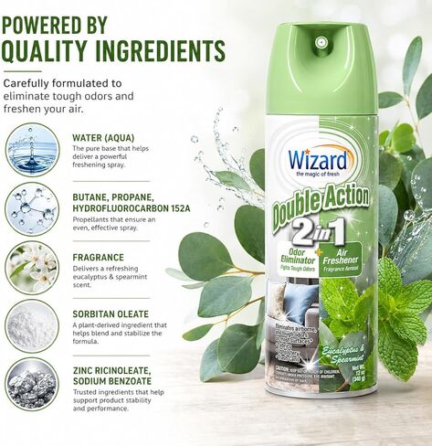Wizard Double Action 2-in-1 Air Freshener & Odor Eliminator Spray – Pack of 2 (12 oz each) – Eucalyptus & Spearmint Scent – Long-Lasting Home & Room Deodorizer in Kuwait