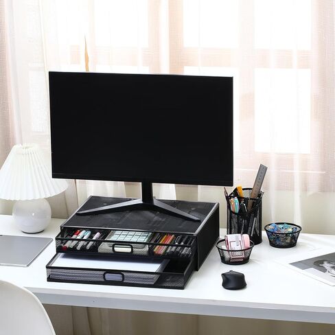 Computer Desk Storage Organizer Monitor Stand Metal Mesh Computer Monitor Stand Supplies for Desktop Laptop Metal Mesh Desk Organisers Laptop Notebook Printer in Saudi Arabia