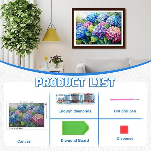 EMIEAUFG Hydrangea Diamond Art Kits for Adults, Hydrangea Flower Diamond Painting Kit for Kids and Beginners, 5D Round Full Drill Craft, Home Wall Decor 12" x 16" in Kuwait