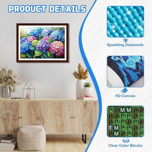 EMIEAUFG Hydrangea Diamond Art Kits for Adults, Hydrangea Flower Diamond Painting Kit for Kids and Beginners, 5D Round Full Drill Craft, Home Wall Decor 12" x 16" in Kuwait