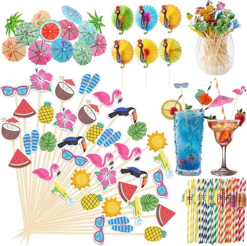 Aodaer 200 Pieces Hawaiian Cocktail Picks Accessories Drink Umbrella Straws, Umbrella Toothpicks, Decoration Picks for Aloha Tropical Hawaiian Luau Party Decorations in Kuwait