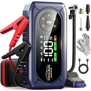 YaberAuto 4500A بطارية السيارة مع ضاغط هواء وقفازات، جهاز تشغيل السيارة المحمول مع منفاخ إطارات 150 رطل لكل بوصة مربعة، صندوق القفز 12 فولت (9 لتر غاز/8 لتر ديزل)، كابلات قافزة، شحن سريع 18 وات، ضوء 600 لومين in Kuwait