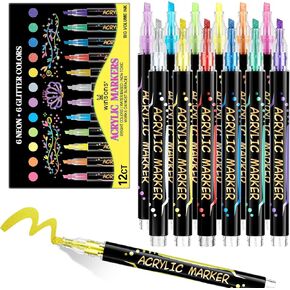 12 Colors Acrylic Paint Markers, 6 Glitter & 6 Neon Fluorescent Pens, Innovative Light-Valve Tech for Instant Flow, Fine Chisel Tip Paint Pens for Journaling, Rock Painting, Cards & DIY Projects in Saudi Arabia