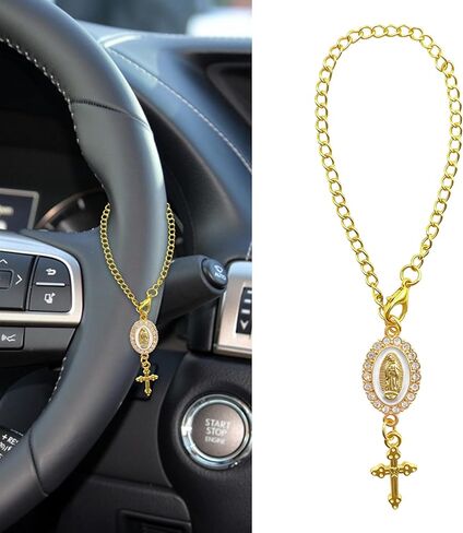 Steering Wheel Rosary Charm Accessory, Steering Wheel Chain, Catholic Hanging Rosary Cross for Car, Car Decoration Accessories Rearview Mirror Hanging Ornament Fit for Women Men (White) in Saudi Arabia