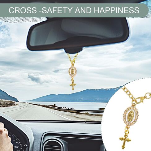 Steering Wheel Rosary Charm Accessory, Steering Wheel Chain, Catholic Hanging Rosary Cross for Car, Car Decoration Accessories Rearview Mirror Hanging Ornament Fit for Women Men (White) in Saudi Arabia