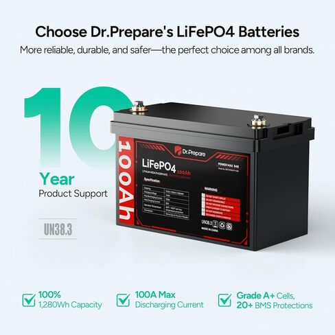 DR.PREPARE 12V 100AH LiFePO4 Battery, Deep Cycle Lithium Battery for RV, Camping, Trolling Motor, Travel & Power Storage, 12 Volt 100ah Rechargeable Battery for Fish Finder, Boat & Camper Accessories in Kuwait