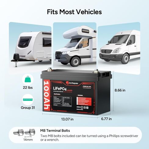 DR.PREPARE 12V 100AH LiFePO4 Battery, Deep Cycle Lithium Battery for RV, Camping, Trolling Motor, Travel & Power Storage, 12 Volt 100ah Rechargeable Battery for Fish Finder, Boat & Camper Accessories in Kuwait
