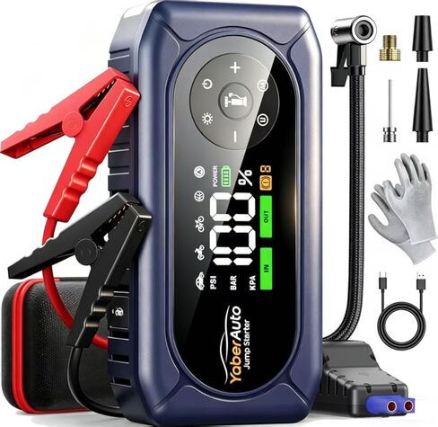 YaberAuto 4500A بطارية السيارة مع ضاغط هواء وقفازات، جهاز تشغيل السيارة المحمول مع منفاخ إطارات 150 رطل لكل بوصة مربعة، صندوق القفز 12 فولت (9 لتر غاز/8 لتر ديزل)، كابلات قافزة، شحن سريع 18 وات، ضوء 600 لومين in Kuwait