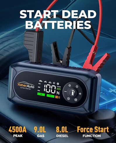 YaberAuto 4500A بطارية السيارة مع ضاغط هواء وقفازات، جهاز تشغيل السيارة المحمول مع منفاخ إطارات 150 رطل لكل بوصة مربعة، صندوق القفز 12 فولت (9 لتر غاز/8 لتر ديزل)، كابلات قافزة، شحن سريع 18 وات، ضوء 600 لومين in Kuwait